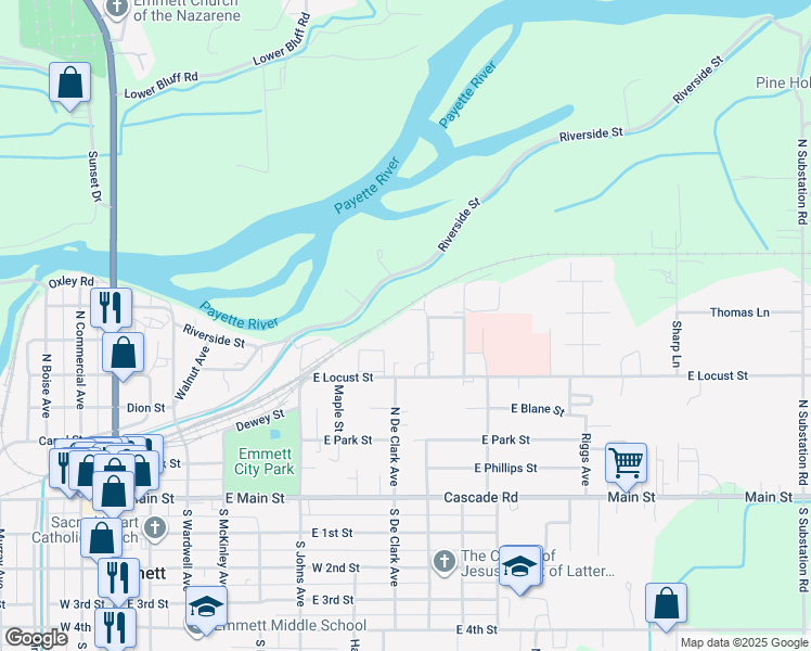 map of restaurants, bars, coffee shops, grocery stores, and more near 561 North Moffatt Avenue in Emmett