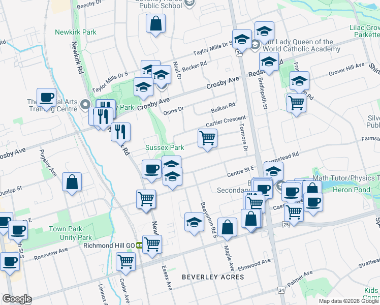 map of restaurants, bars, coffee shops, grocery stores, and more near in Richmond Hill