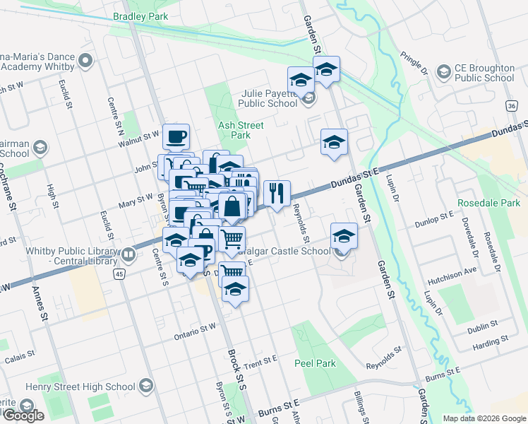 map of restaurants, bars, coffee shops, grocery stores, and more near 413 Dundas Street East in Whitby