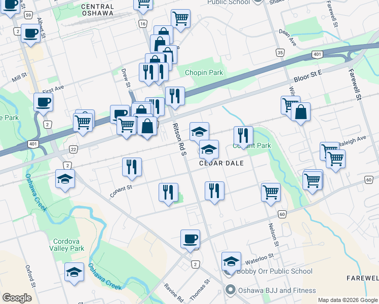 map of restaurants, bars, coffee shops, grocery stores, and more near 741 Ritson Road South in Oshawa