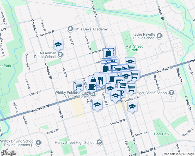 map of restaurants, bars, coffee shops, grocery stores, and more near 116 Centre Street North in Whitby