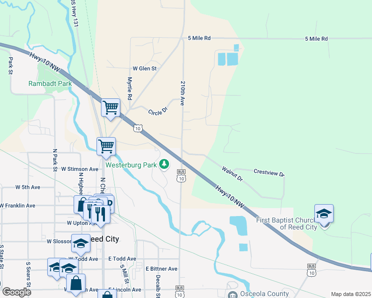 map of restaurants, bars, coffee shops, grocery stores, and more near 4502 210th Avenue in Reed City