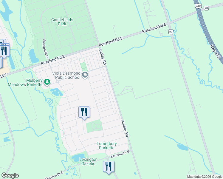 map of restaurants, bars, coffee shops, grocery stores, and more near 856 Audley Road in Ajax
