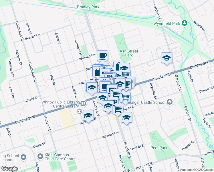 map of restaurants, bars, coffee shops, grocery stores, and more near in Whitby