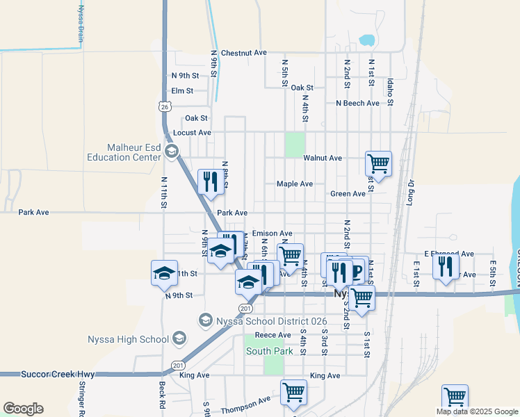 map of restaurants, bars, coffee shops, grocery stores, and more near 412 North 6th Street in Nyssa