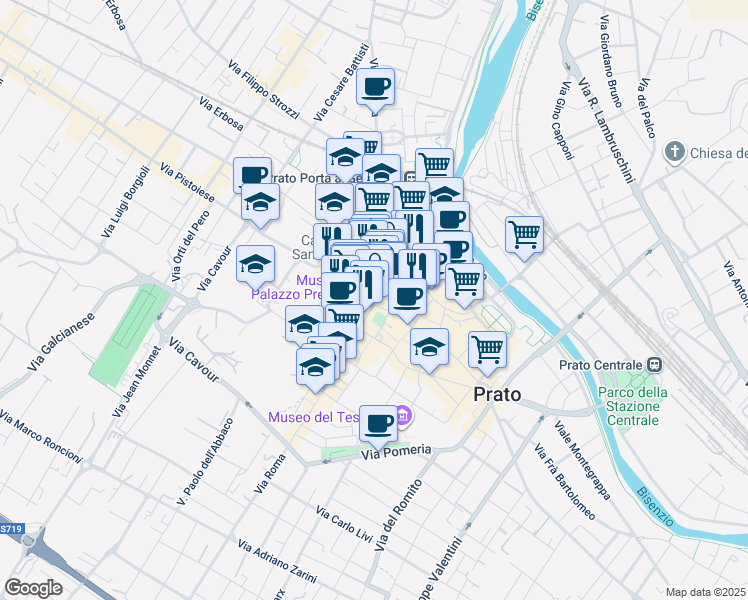 map of restaurants, bars, coffee shops, grocery stores, and more near 1 Via Bettino Ricasoli in Prato