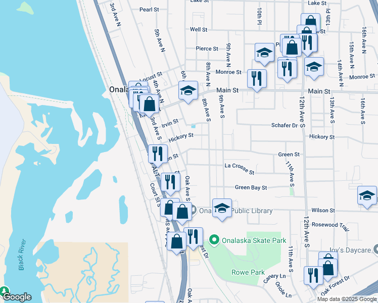 map of restaurants, bars, coffee shops, grocery stores, and more near 409 Green Street in Onalaska