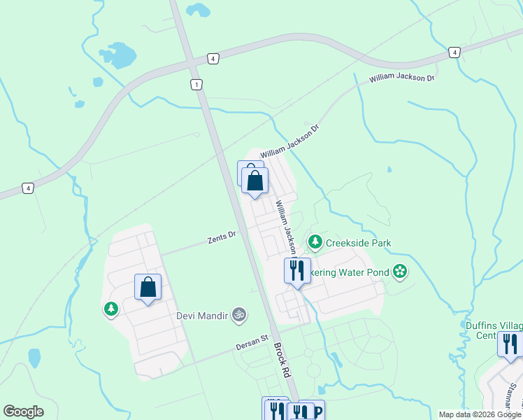 map of restaurants, bars, coffee shops, grocery stores, and more near 2558 Ladyfern Crossing in Pickering