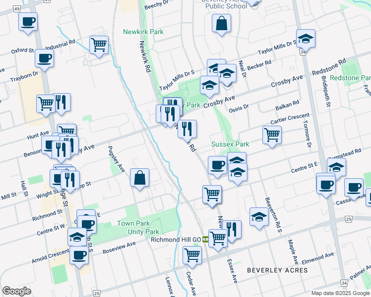 map of restaurants, bars, coffee shops, grocery stores, and more near 94 Newkirk Road in Richmond Hill
