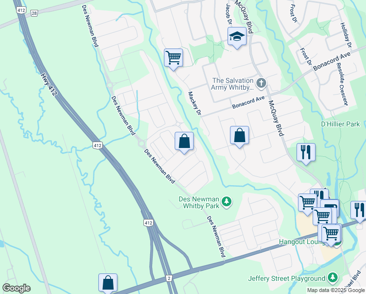 map of restaurants, bars, coffee shops, grocery stores, and more near 19 George Holley Street in Whitby
