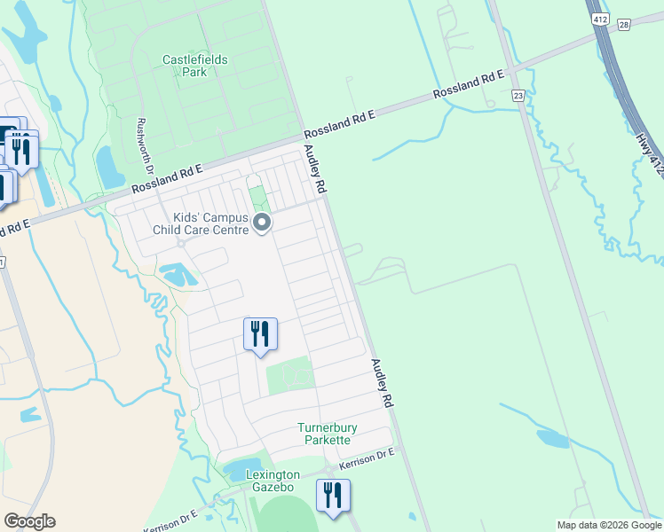 map of restaurants, bars, coffee shops, grocery stores, and more near 61 Devineridge Avenue in Ajax