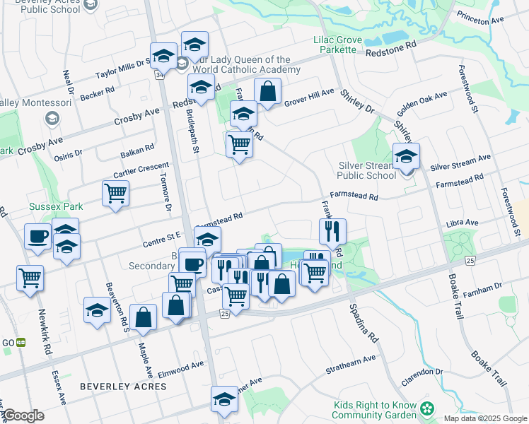 map of restaurants, bars, coffee shops, grocery stores, and more near 63 Farmstead Road in Richmond Hill
