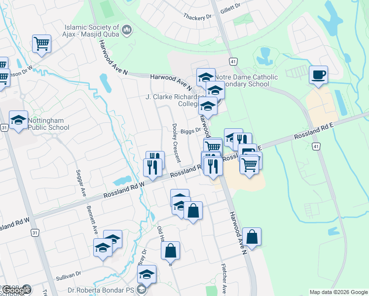 map of restaurants, bars, coffee shops, grocery stores, and more near 32 Dooley Crescent in Ajax