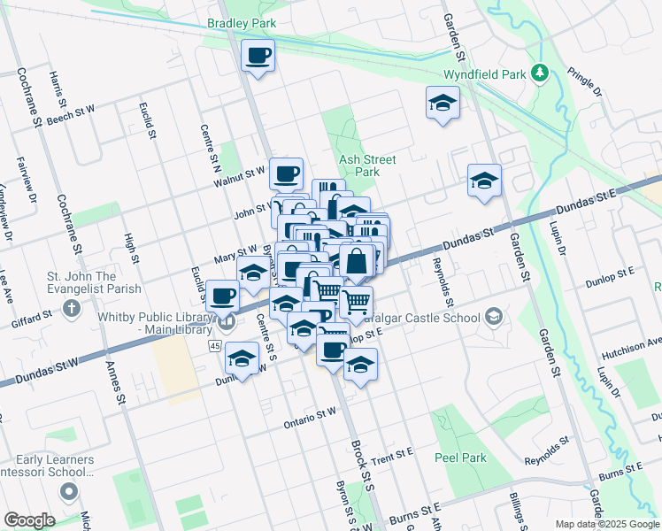 map of restaurants, bars, coffee shops, grocery stores, and more near in Whitby