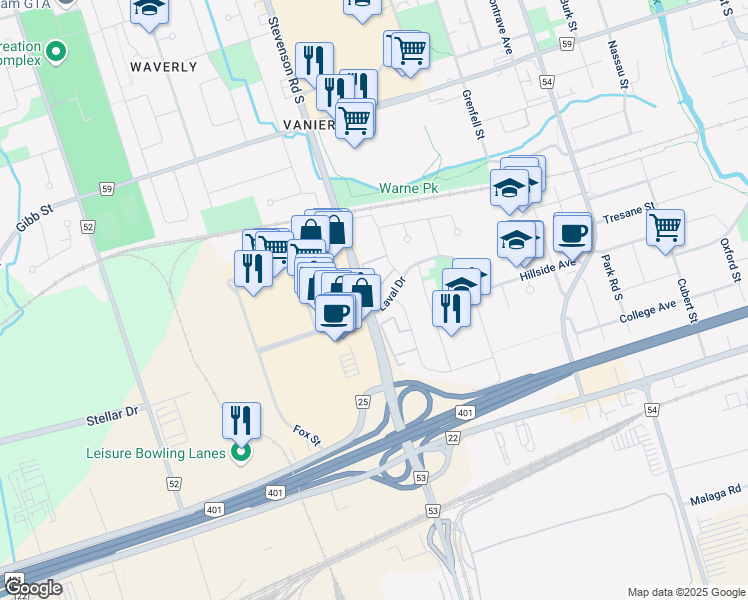 map of restaurants, bars, coffee shops, grocery stores, and more near 450 Bristol Crescent in Oshawa