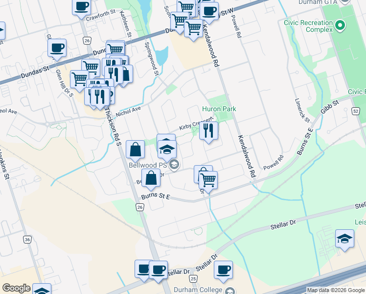 map of restaurants, bars, coffee shops, grocery stores, and more near 43 Lowder Place in Whitby