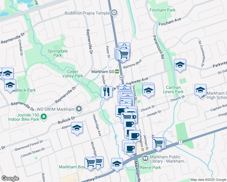 map of restaurants, bars, coffee shops, grocery stores, and more near 37 Bullock Drive in Markham