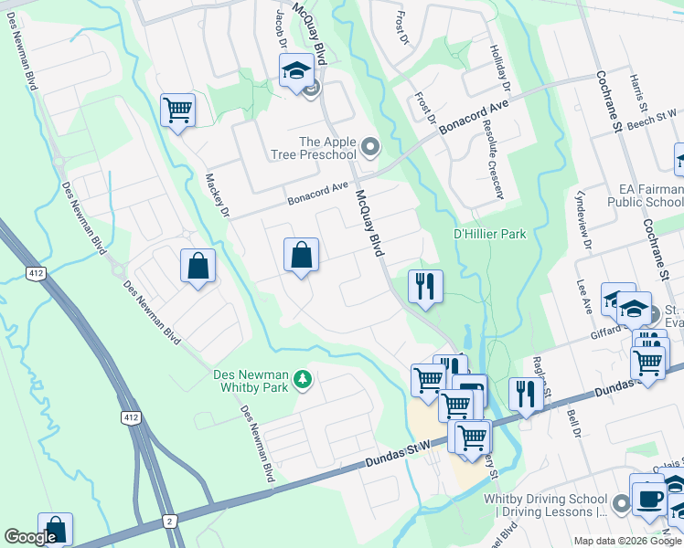 map of restaurants, bars, coffee shops, grocery stores, and more near 66 Rothean Drive in Whitby