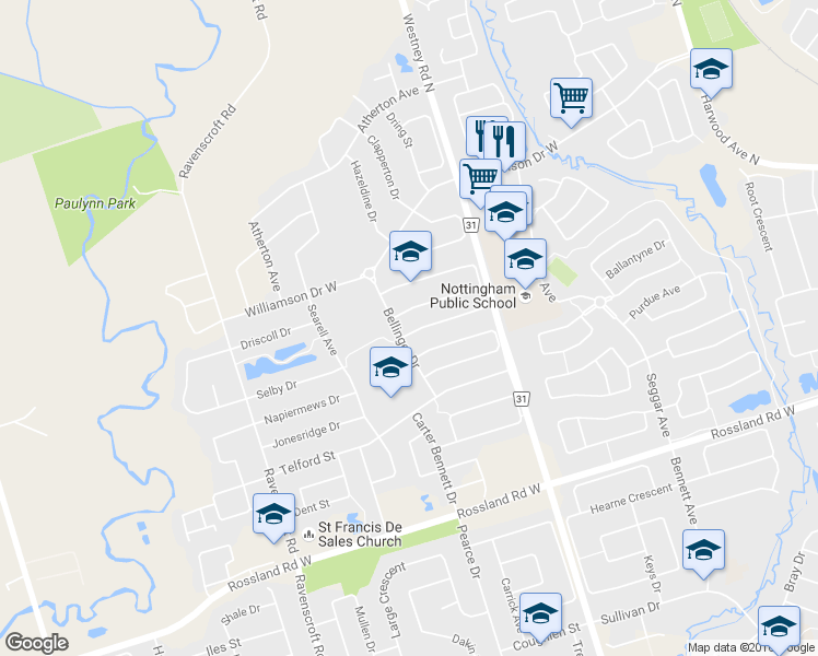 map of restaurants, bars, coffee shops, grocery stores, and more near 4 Taverner Crescent in Ajax
