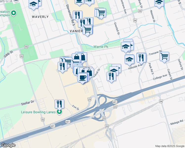 map of restaurants, bars, coffee shops, grocery stores, and more near in Oshawa