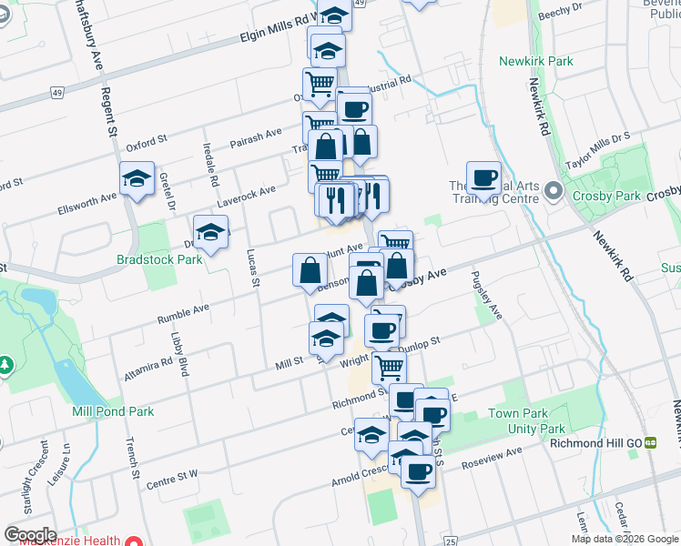 map of restaurants, bars, coffee shops, grocery stores, and more near 38 Hunt Avenue in Richmond Hill