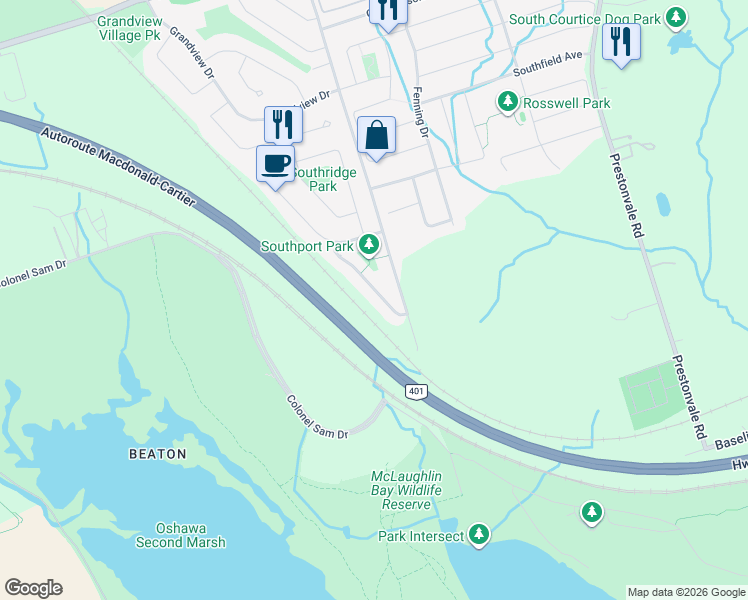 map of restaurants, bars, coffee shops, grocery stores, and more near 1040 Southport Drive in Oshawa
