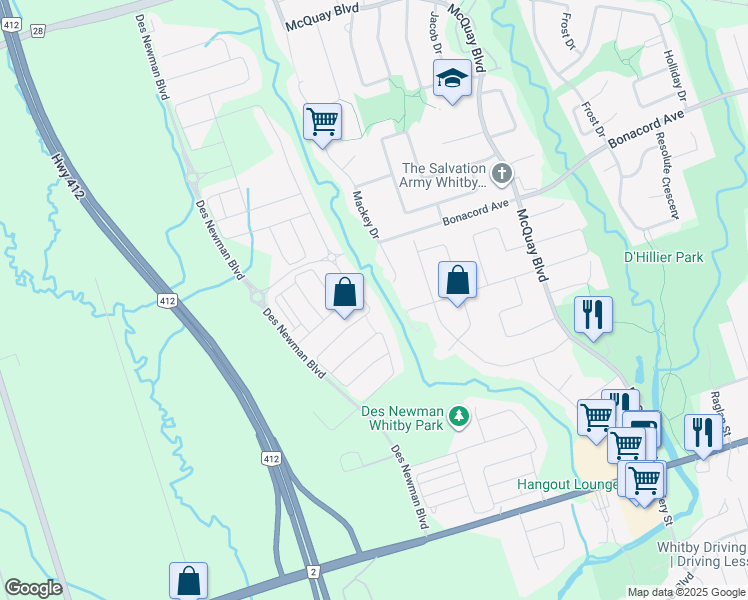 map of restaurants, bars, coffee shops, grocery stores, and more near 163 Westfield Drive in Whitby