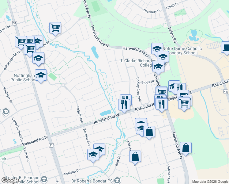 map of restaurants, bars, coffee shops, grocery stores, and more near Temple West Crescent in Ajax