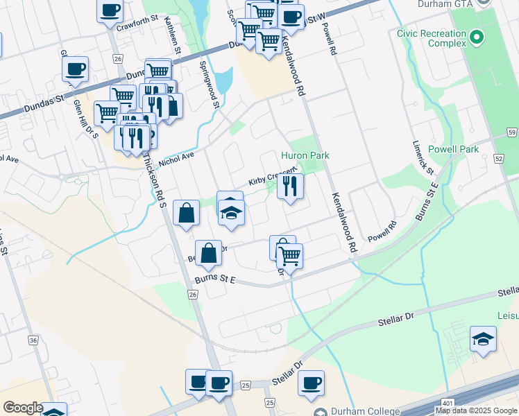 map of restaurants, bars, coffee shops, grocery stores, and more near 49 Lowder Place in Whitby