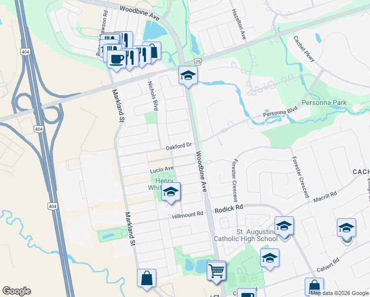 map of restaurants, bars, coffee shops, grocery stores, and more near 1 Oakford Drive in Markham