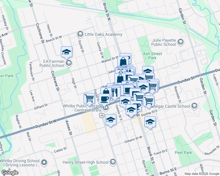 map of restaurants, bars, coffee shops, grocery stores, and more near 122 Centre Street North in Whitby
