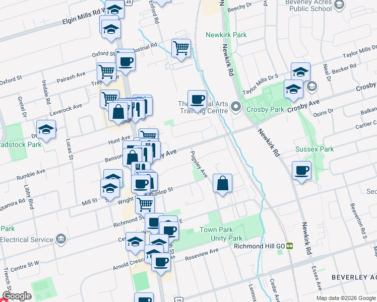 map of restaurants, bars, coffee shops, grocery stores, and more near 90 Crosby Avenue in Richmond Hill