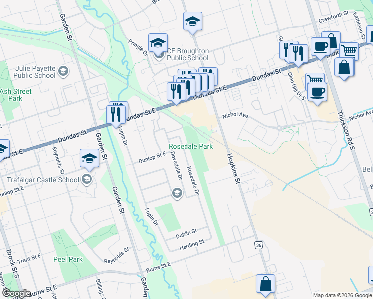 map of restaurants, bars, coffee shops, grocery stores, and more near 301 Rosedale Drive in Whitby