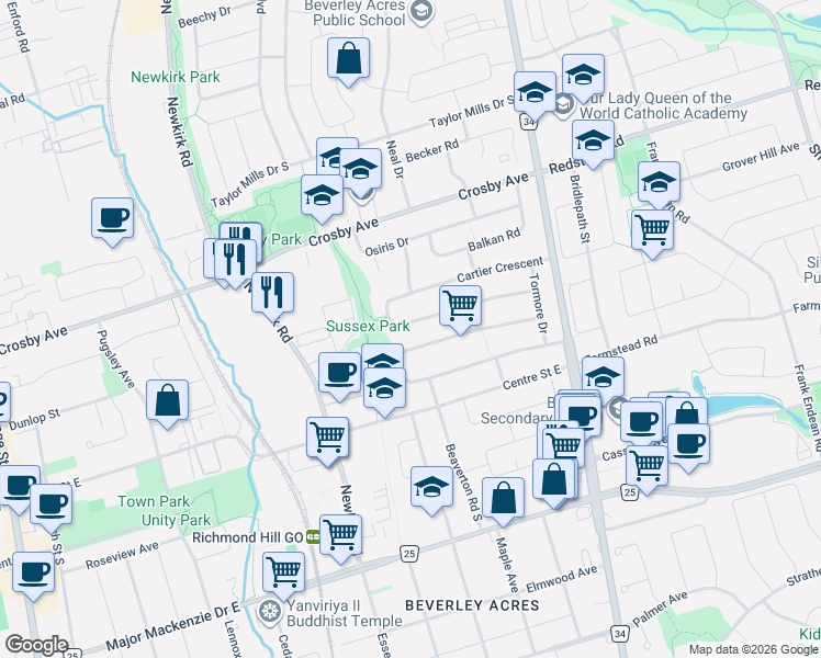 map of restaurants, bars, coffee shops, grocery stores, and more near 48 Cartier Crescent in Richmond Hill