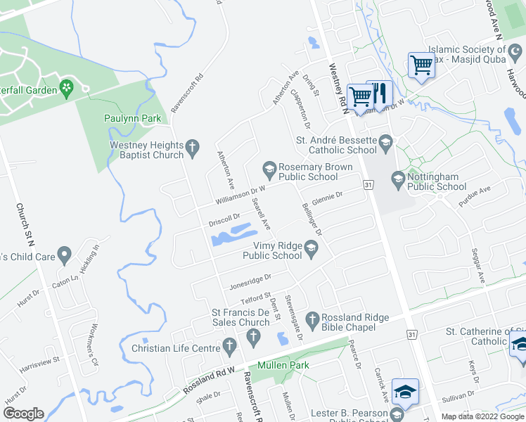 map of restaurants, bars, coffee shops, grocery stores, and more near 51 Searell Avenue in Ajax
