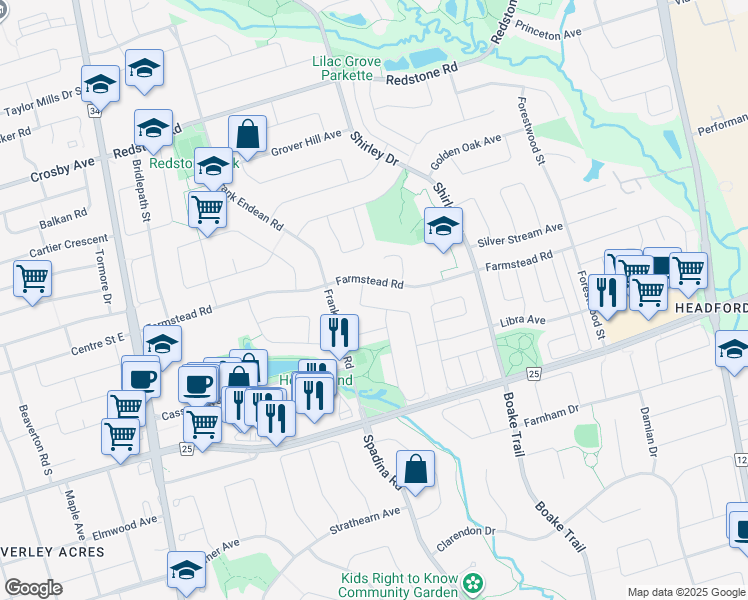 map of restaurants, bars, coffee shops, grocery stores, and more near 31 Kimono Crescent in Richmond Hill