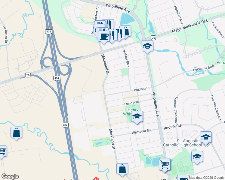 map of restaurants, bars, coffee shops, grocery stores, and more near 29 Lakespring Drive in Markham
