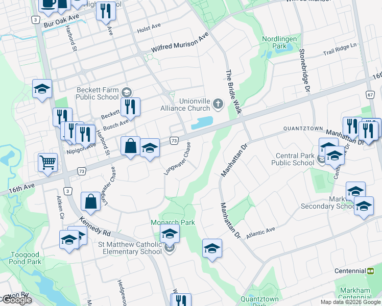 map of restaurants, bars, coffee shops, grocery stores, and more near 133 Longwater Chase in Markham