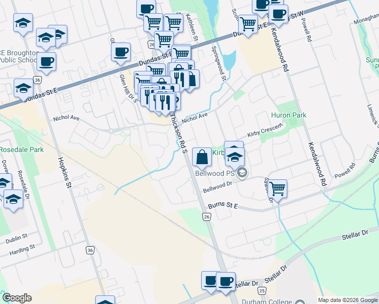 map of restaurants, bars, coffee shops, grocery stores, and more near 89 Thickson Road South in Whitby