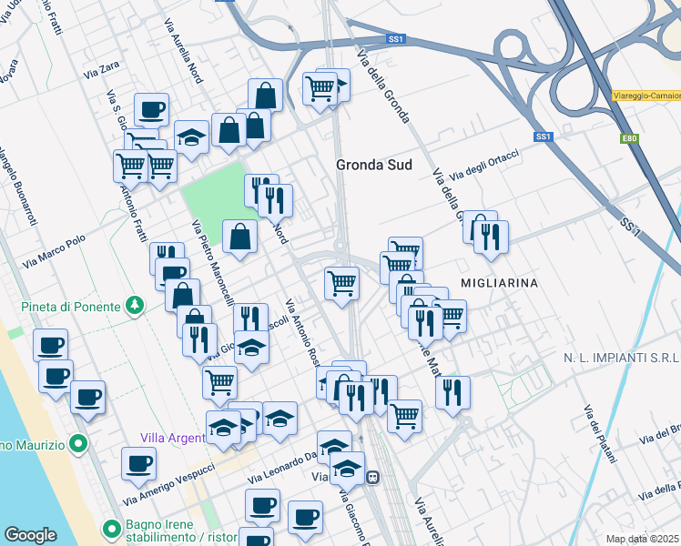 map of restaurants, bars, coffee shops, grocery stores, and more near 19 Via Martiri di Belfiore in Viareggio