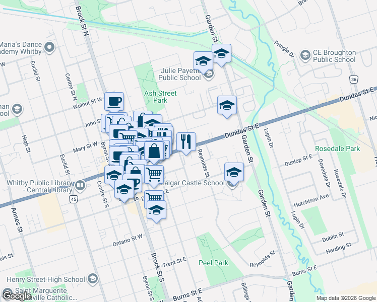 map of restaurants, bars, coffee shops, grocery stores, and more near 421 Dundas Street East in Whitby