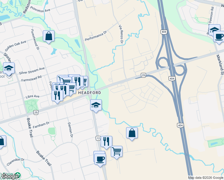 map of restaurants, bars, coffee shops, grocery stores, and more near 119 Matawin Lane in Richmond Hill