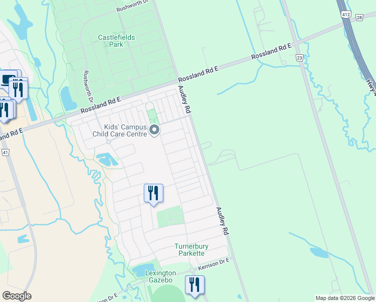 map of restaurants, bars, coffee shops, grocery stores, and more near 25 Hornett Way in Ajax