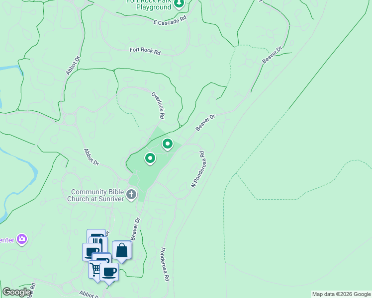map of restaurants, bars, coffee shops, grocery stores, and more near 57285 Stag Lane in Sunriver