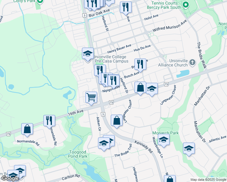 map of restaurants, bars, coffee shops, grocery stores, and more near 19 Ivanhoe Drive in Markham