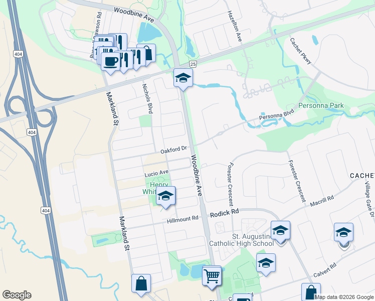 map of restaurants, bars, coffee shops, grocery stores, and more near 1 Oakford Drive in Markham