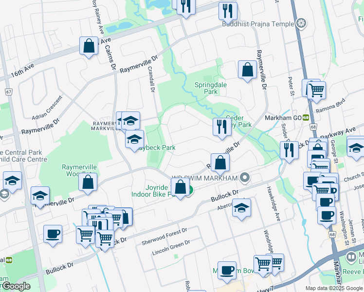 map of restaurants, bars, coffee shops, grocery stores, and more near 5 Hemlock Drive in Markham