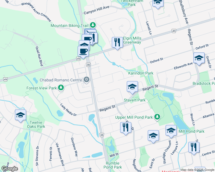 map of restaurants, bars, coffee shops, grocery stores, and more near 72 Baynards Lane in Richmond Hill