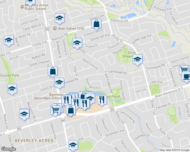 map of restaurants, bars, coffee shops, grocery stores, and more near 87 Farmstead Road in Richmond Hill