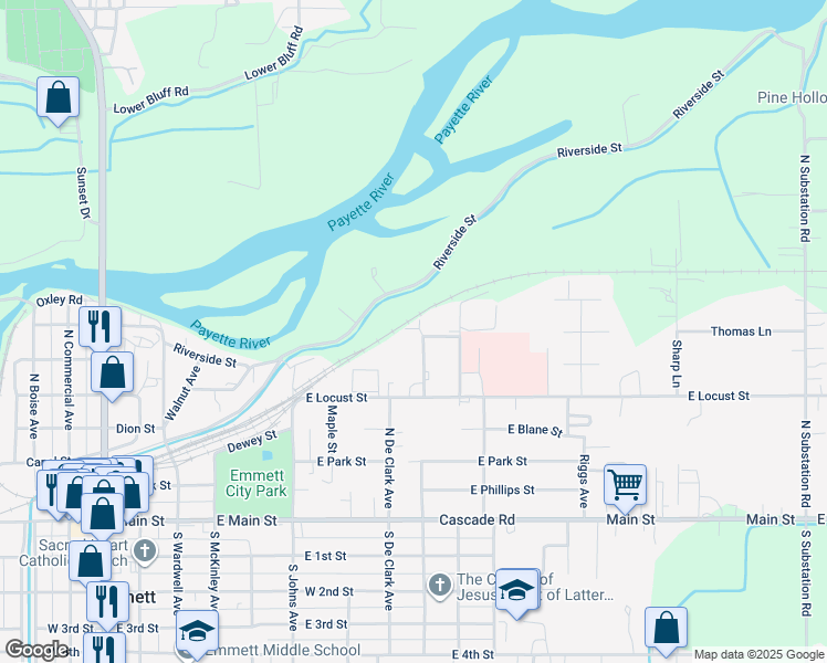 map of restaurants, bars, coffee shops, grocery stores, and more near 639 North Moffatt Avenue in Emmett